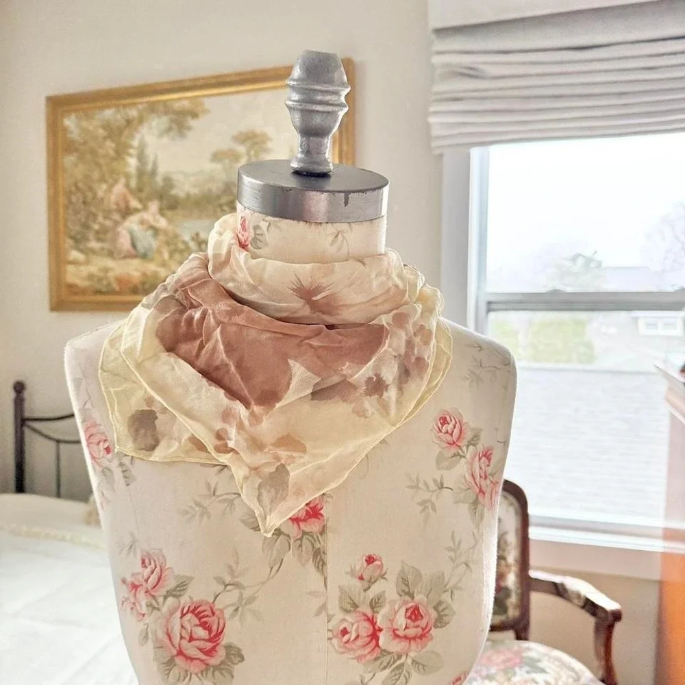 floral scarf  90s cream beige and taupe floral silk scarf‎